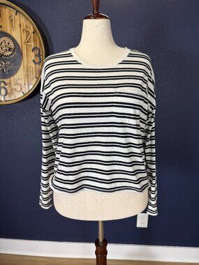 Everlane White & Black Breton Stripe Crew Neck Pocket Long Sleeve Tee | L